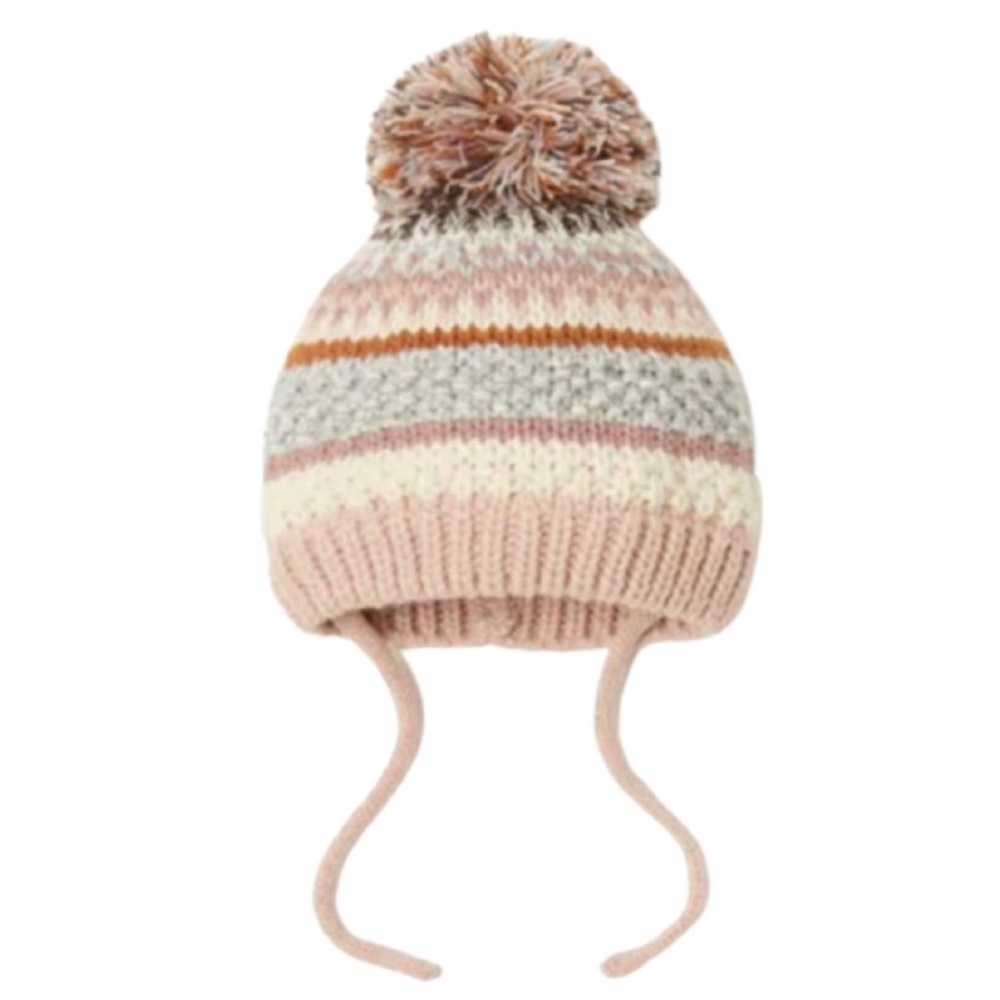 Zara Pink, Cream and Gray Striped Knit Pom Pom Earflap Hat